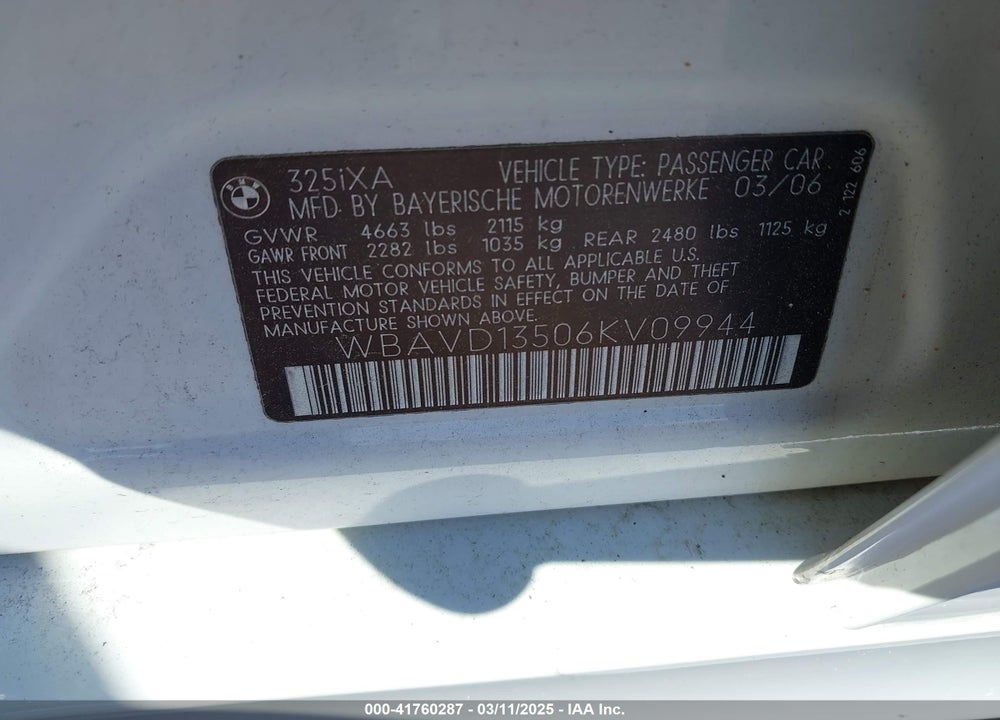 2006 BMW 325XI VIN: WBAVD13506KV09944