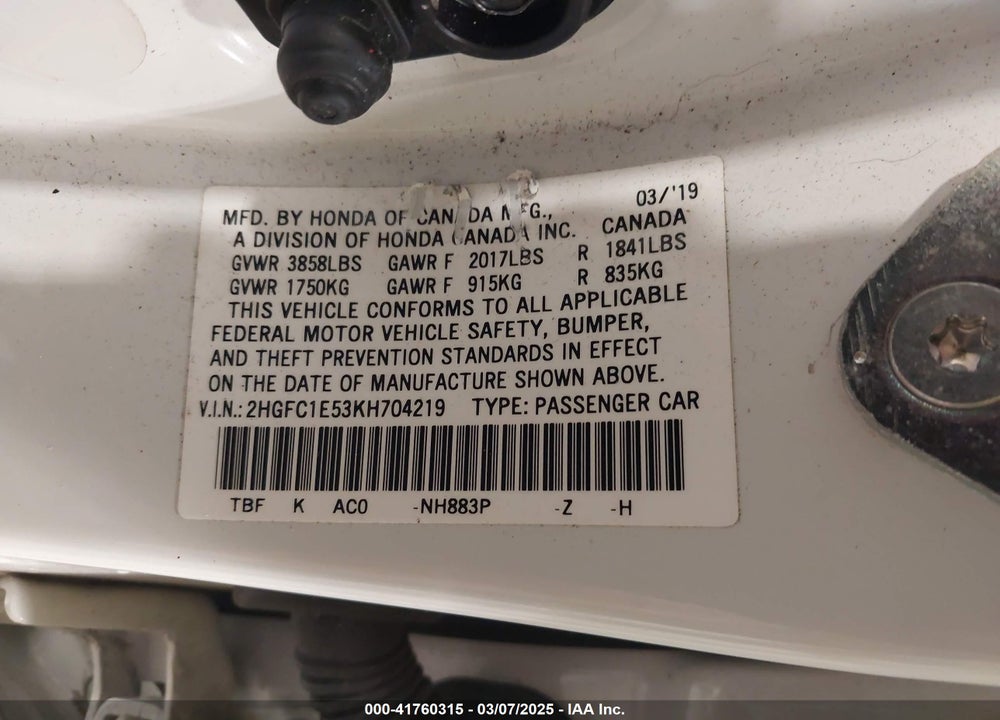2019 HONDA CIVIC SI VIN: 2HGFC1E53KH704219