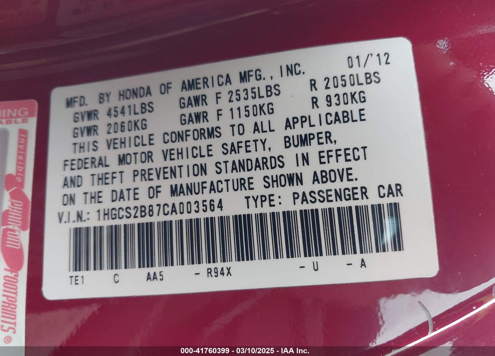 2012 HONDA ACCORD 3.5 EX-L VIN: 1HGCS2B87CA003564