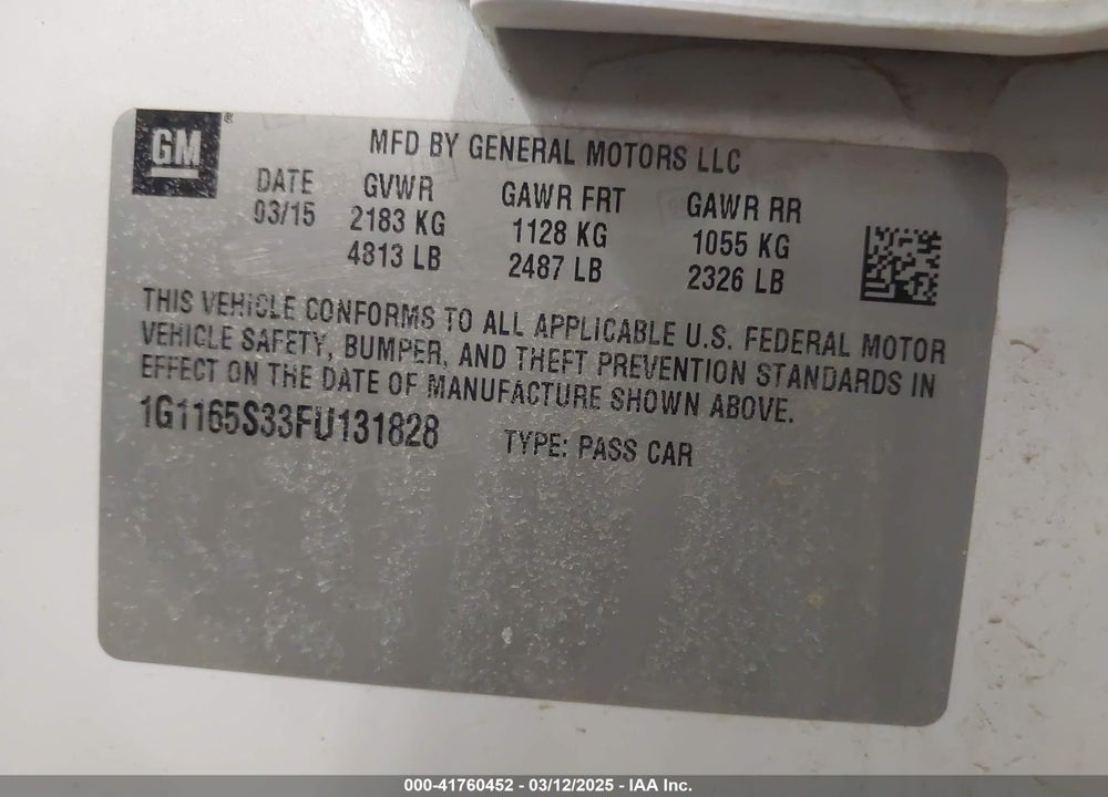 2015 CHEVROLET IMPALA 2LZ VIN: 1G1165S33FU131828