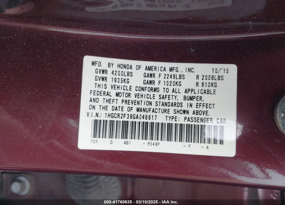 2016 HONDA ACCORD VIN: 1HGCR2F38GA046617