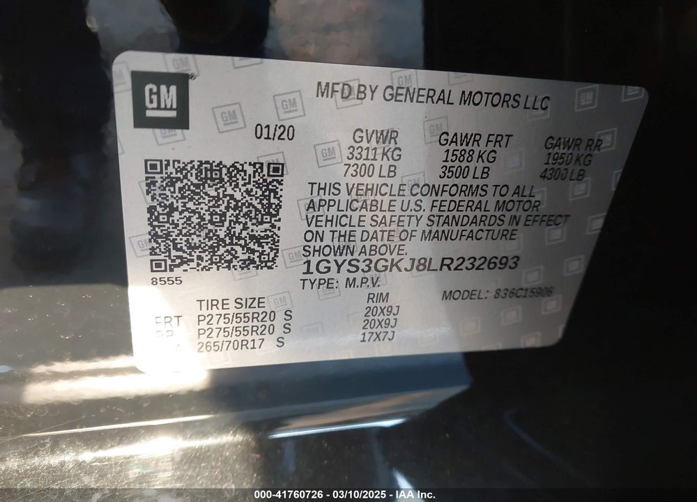 2020 CADILLAC ESCALADE VIN: 1GYS3GKJ8LR232693