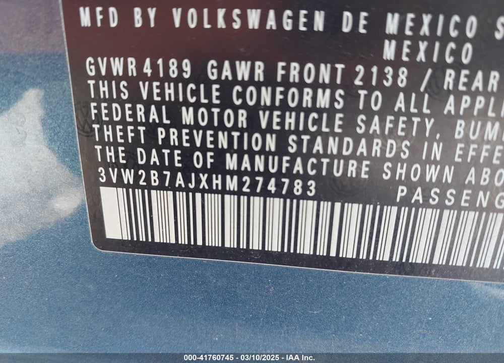 2017 VOLKSWAGEN JETTA 1.4T S VIN: 3VW2B7AJXHM274783