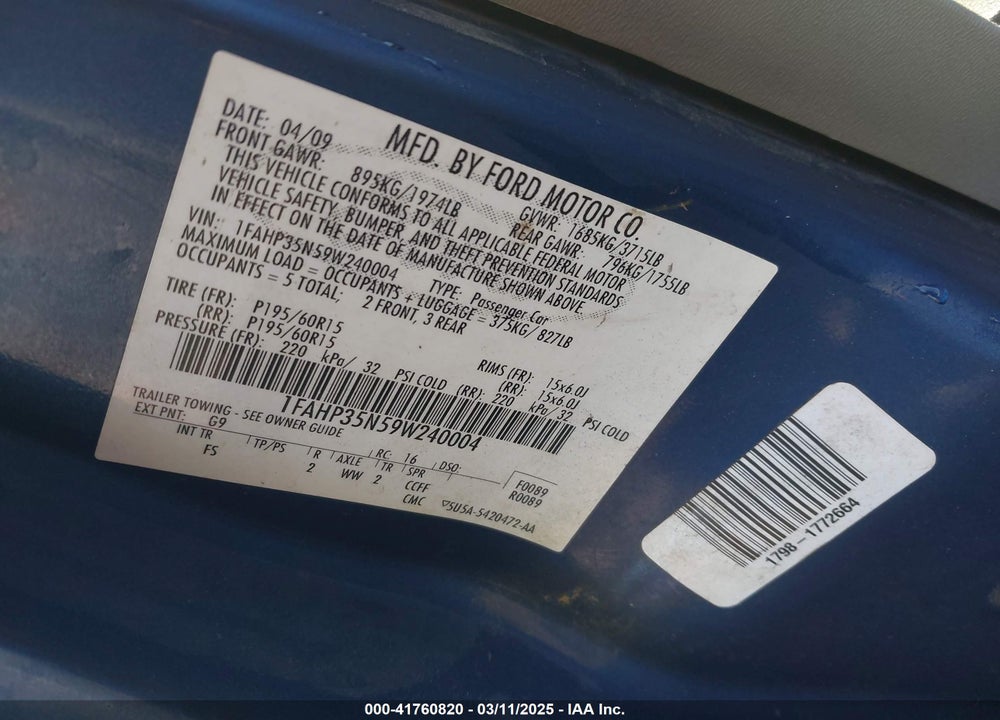 2009 FORD FOCUS SE VIN: 1FAHP35N59W240004