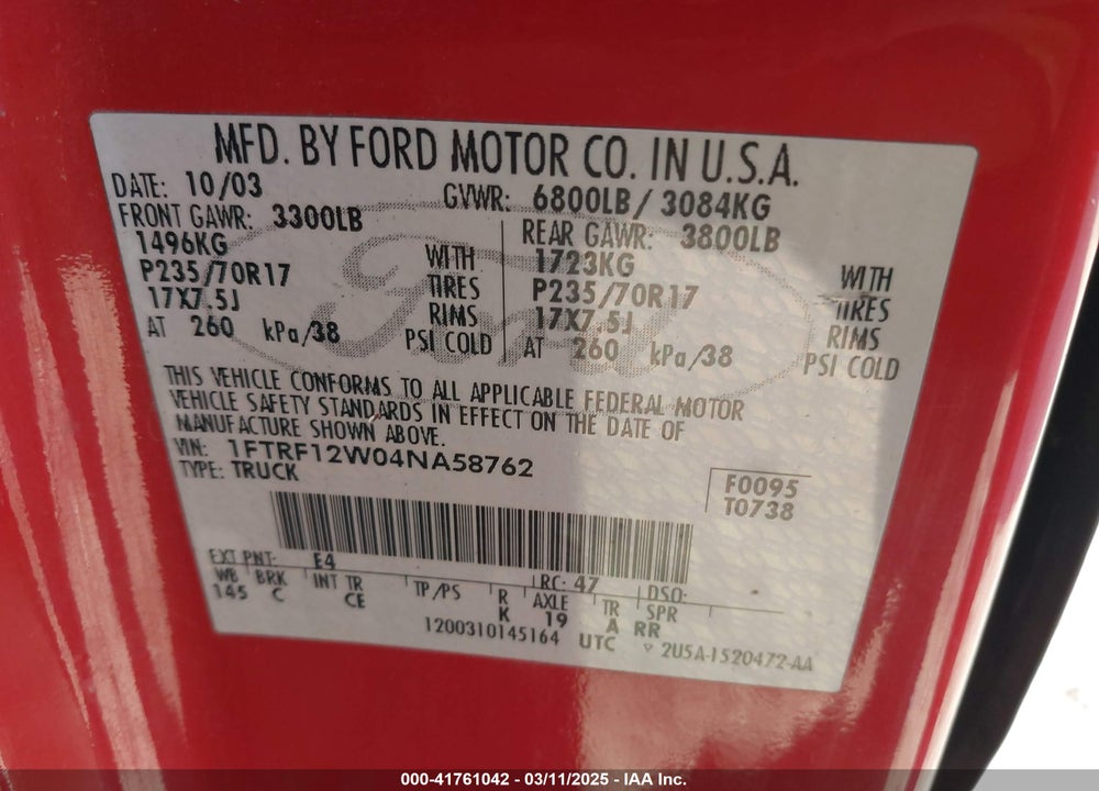2004 FORD F-150 STX/XL/XLT VIN: 1FTRF12W04NA58762