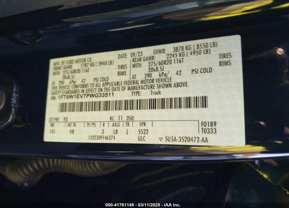 2023 FORD F-150 LIGHTNING VIN: 1FT6W1EV7PWG33511