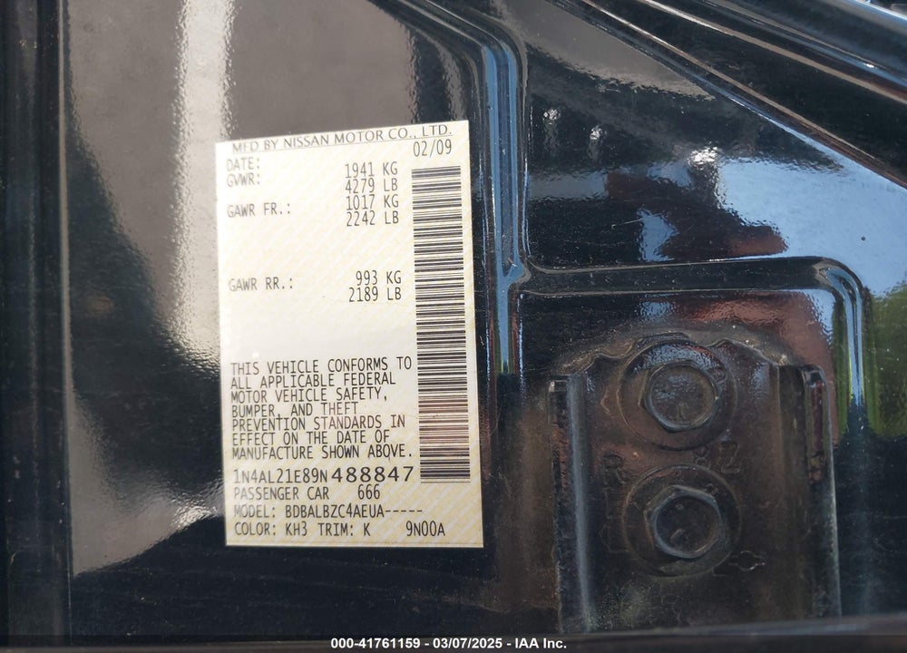 2009 NISSAN ALTIMA VIN: 1N4AL21E89N488847
