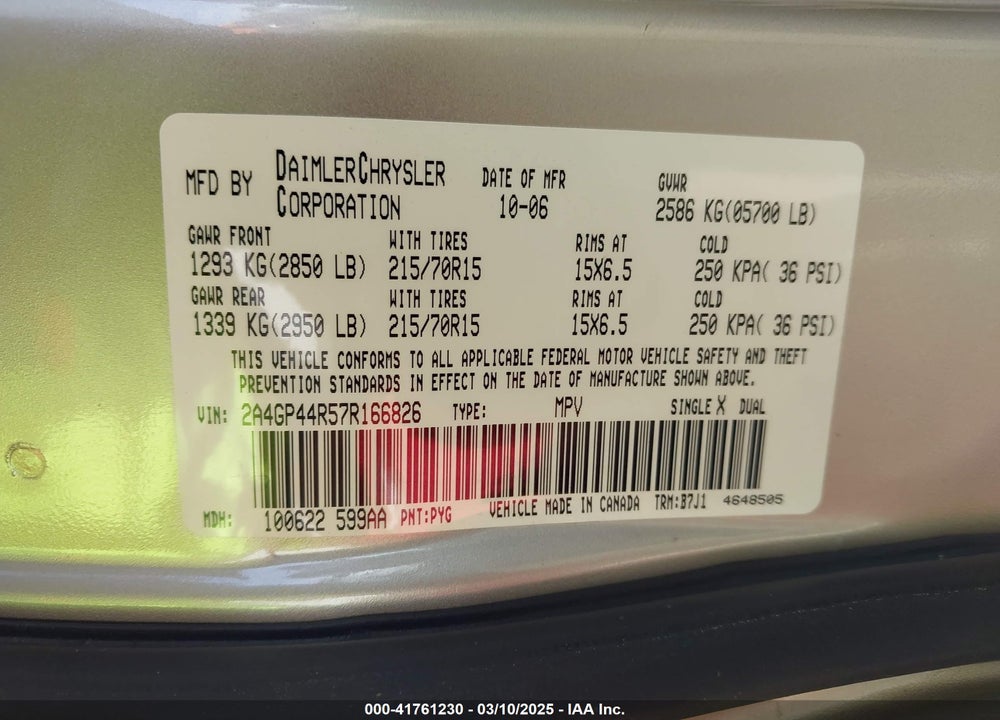 2007 CHRYSLER TOWN & COUNTRY VIN: 2A4GP44R57R166826