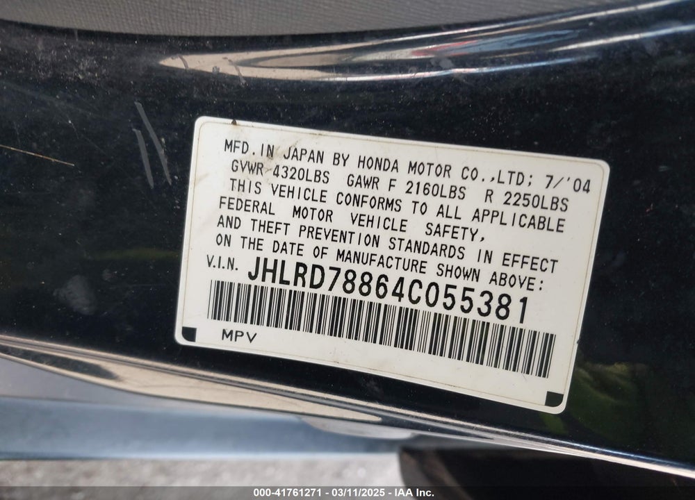 2004 HONDA CR-V VIN: JHLRD78864C055381