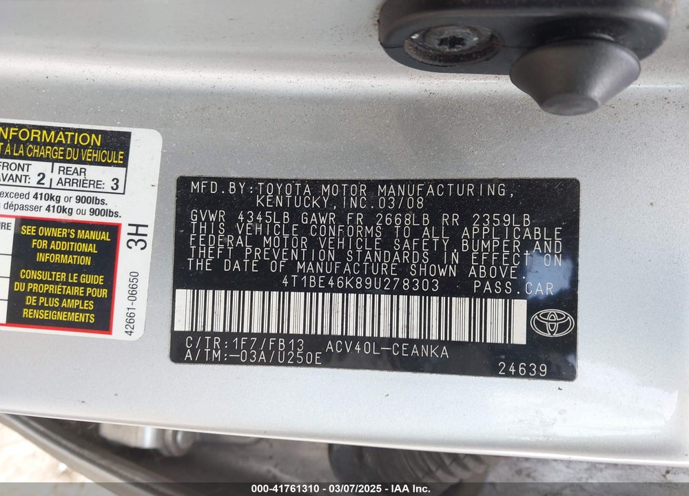 2009 TOYOTA CAMRY VIN: 4T1BE46K89U278303