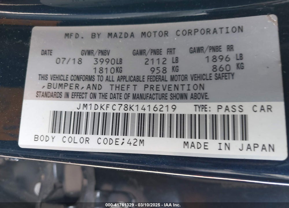 2019 MAZDA CX-3 TOURING VIN: JM1DKFC78K1416219