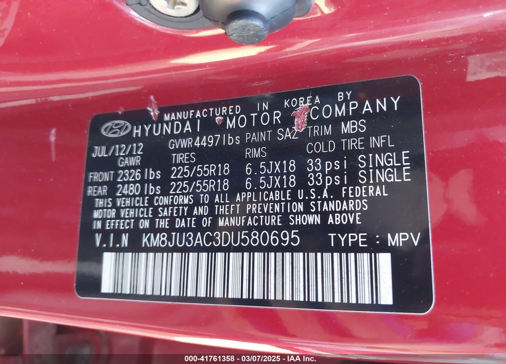 2013 HYUNDAI TUCSON LIMITED VIN: KM8JU3AC3DU580695