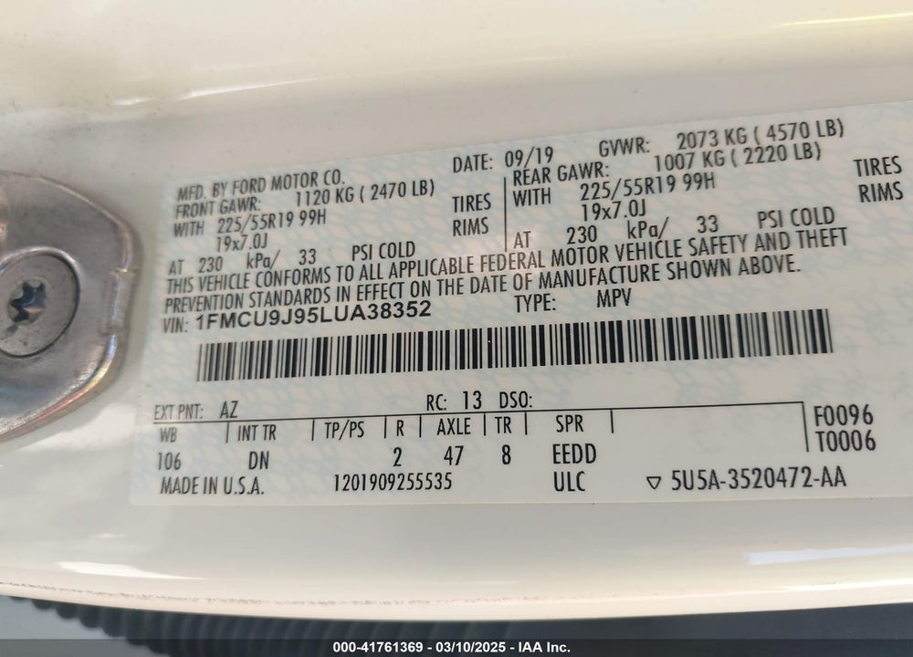 2020 FORD ESCAPE VIN: 1FMCU9J95LUA38352