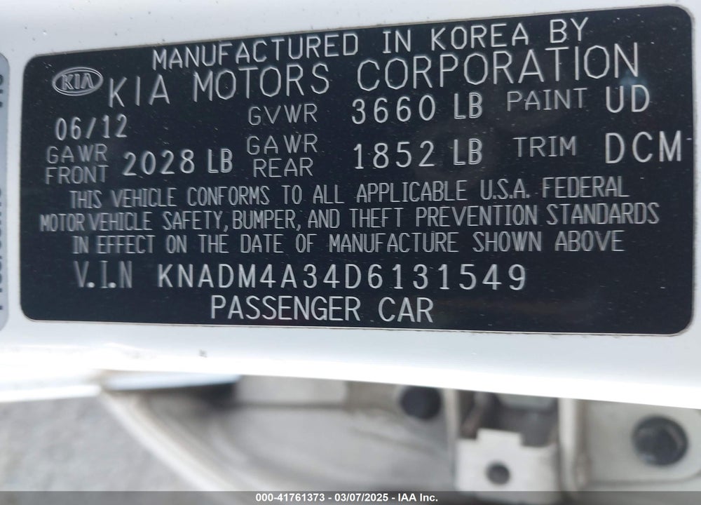 2013 KIA RIO VIN: KNADM4A34D6131549