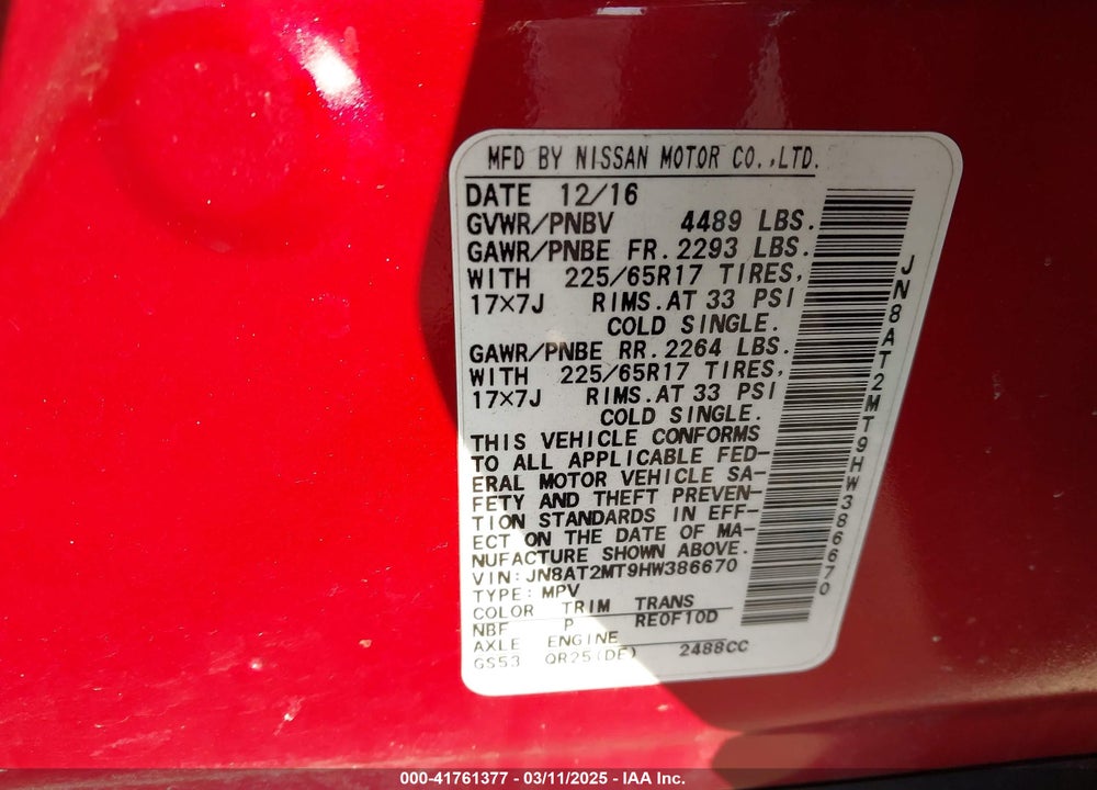 2017 NISSAN ROGUE VIN: JN8AT2MT9HW386670