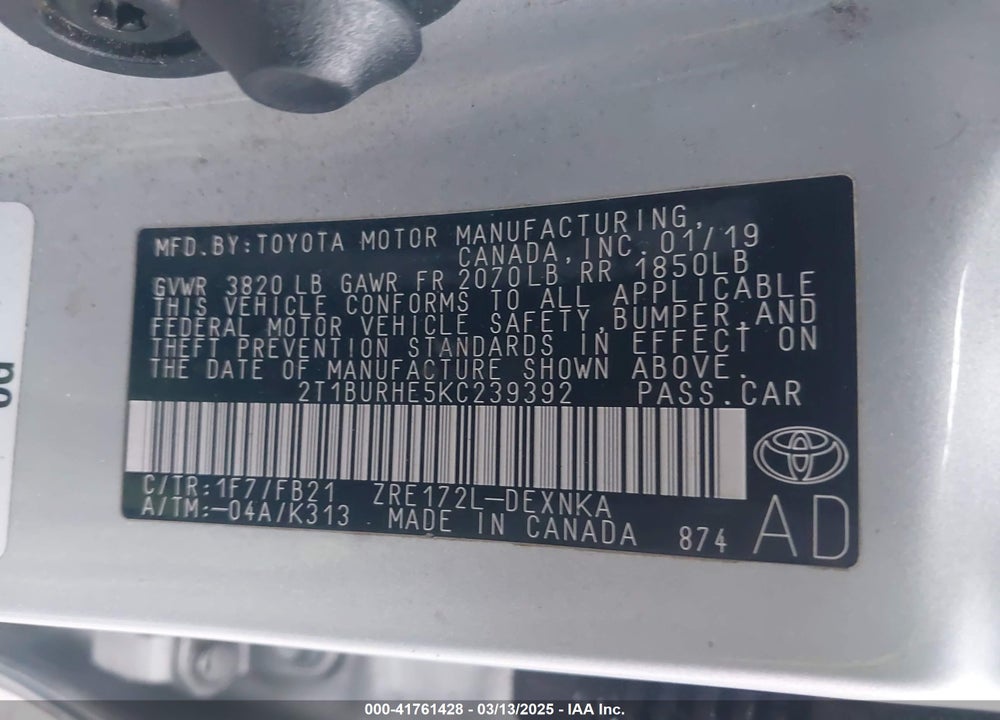 2019 TOYOTA COROLLA VIN: 2T1BURHE5KC239392