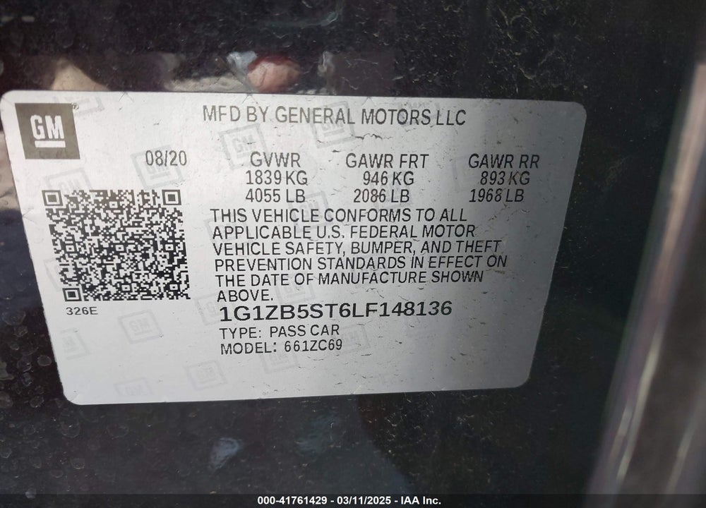 2020 CHEVROLET MALIBU FWD LS VIN: 1G1ZB5ST6LF148136