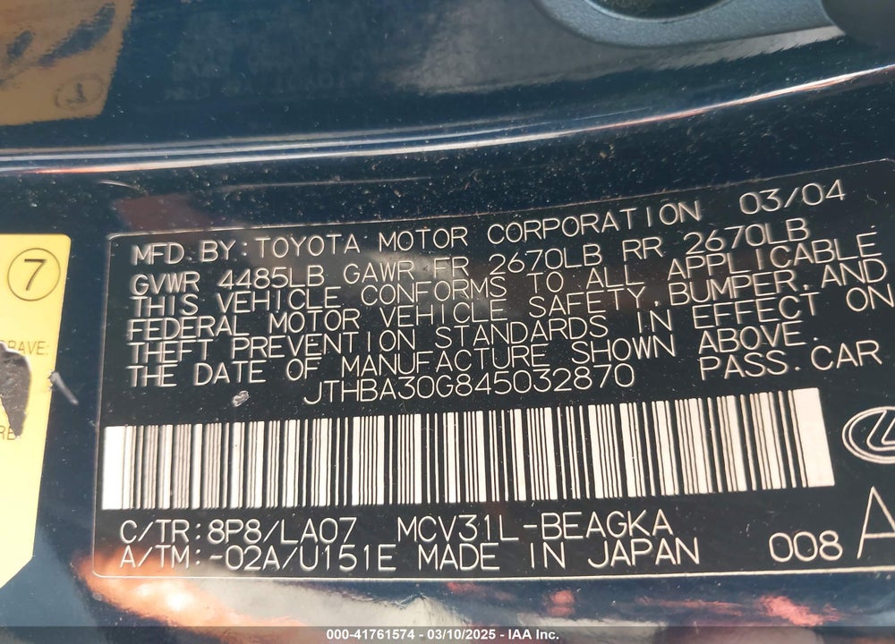 2004 LEXUS ES 330 VIN: JTHBA30G845032870