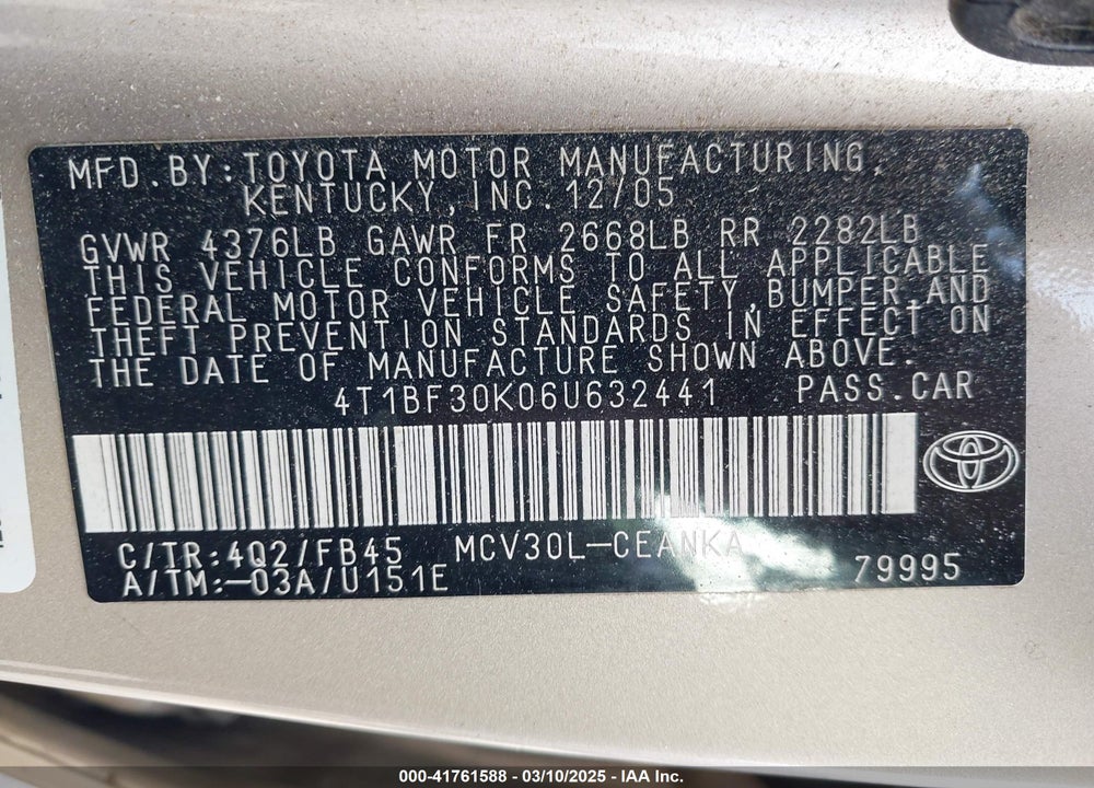 2006 TOYOTA CAMRY LE V6 VIN: 4T1BF30K06U632441