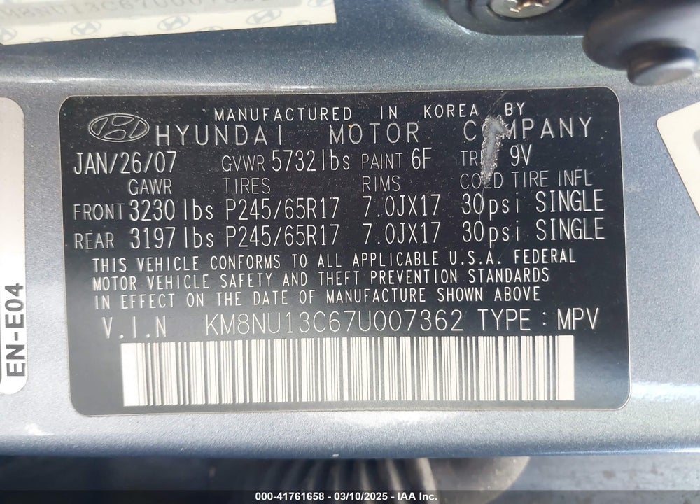 2007 HYUNDAI VERACRUZ VIN: KM8NU13C67U007362