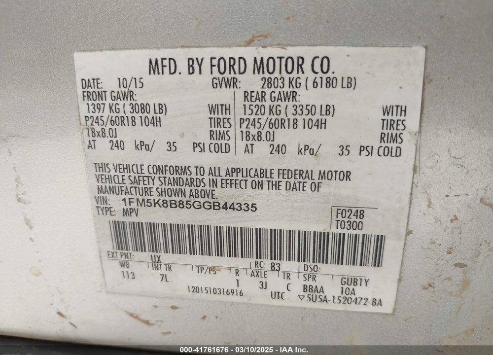 2016 FORD EXPLORER VIN: 1FM5K8B85GGB44335