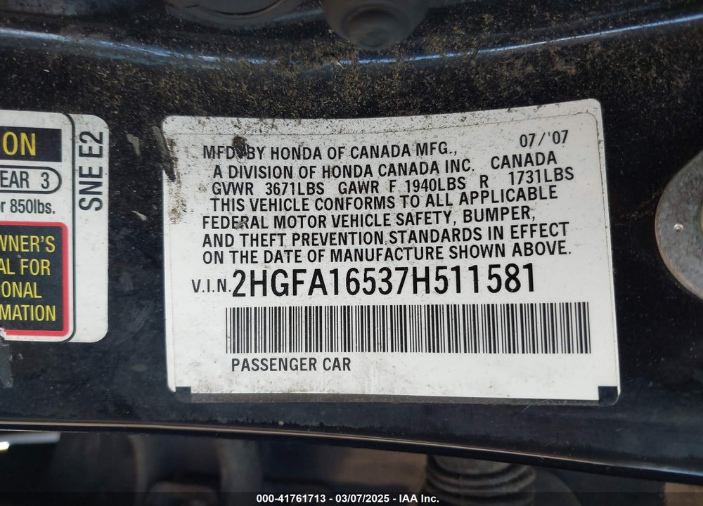 2007 HONDA CIVIC VIN: 2HGFA16537H511581