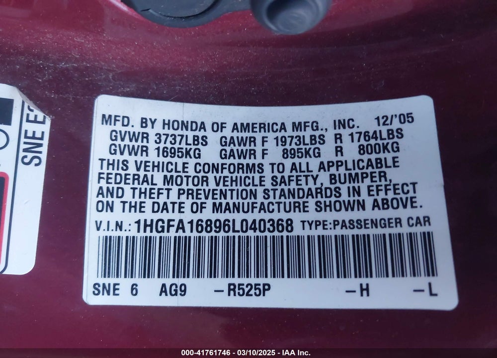 2006 HONDA CIVIC EX VIN: 1HGFA16896L040368