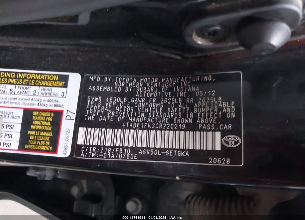 2012 TOYOTA CAMRY XLE VIN: 4T4BF1FK3CR220219