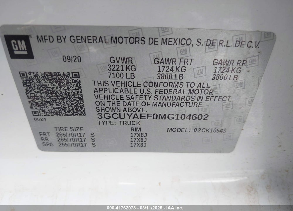 2021 CHEVROLET SILVERADO 1500 VIN: 3GCUYAEF0MG104602