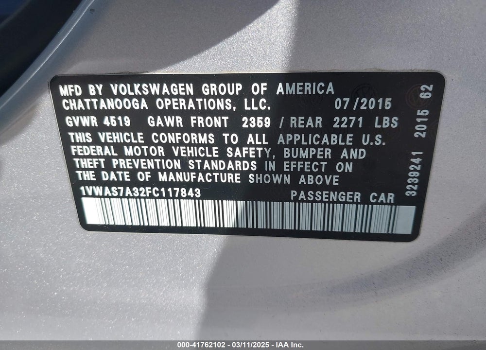 2015 VOLKSWAGEN PASSAT 1.8T LIMITED EDITION VIN: 1VWAS7A32FC117843