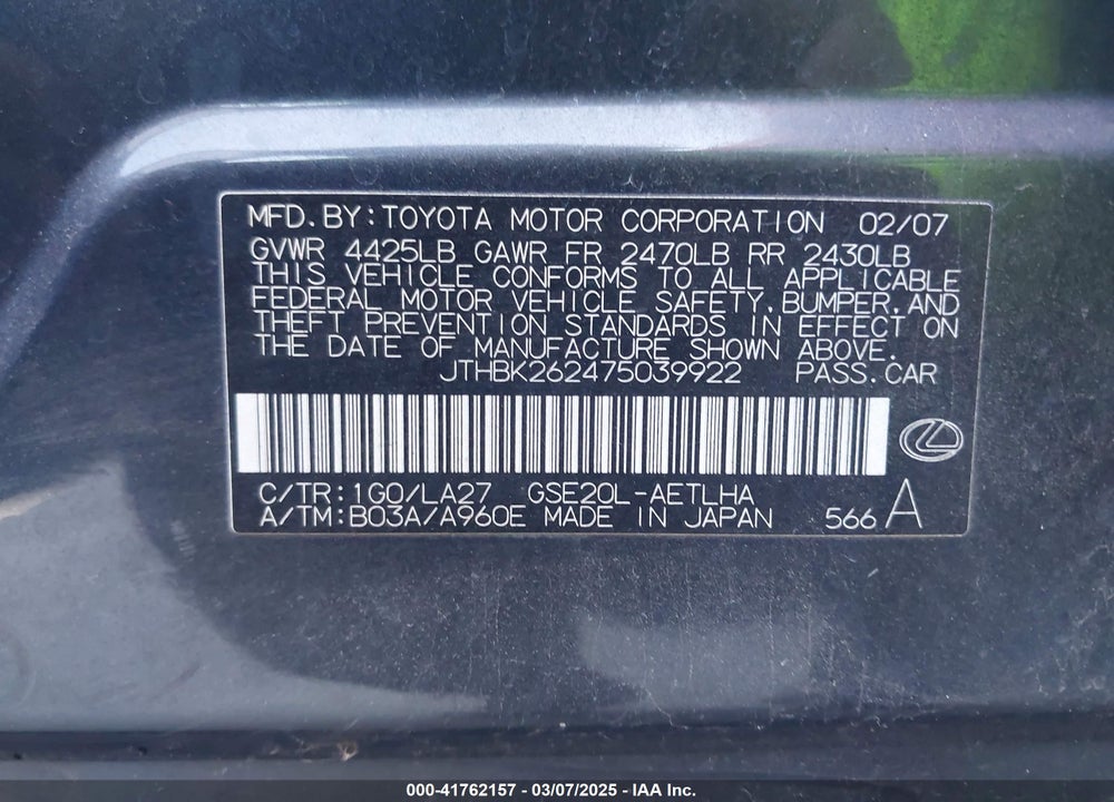 2007 LEXUS IS 250 VIN: JTHBK262475039922