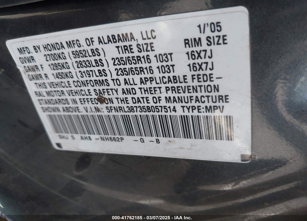 2005 HONDA ODYSSEY EX-L VIN: 5FNRL38735B057514