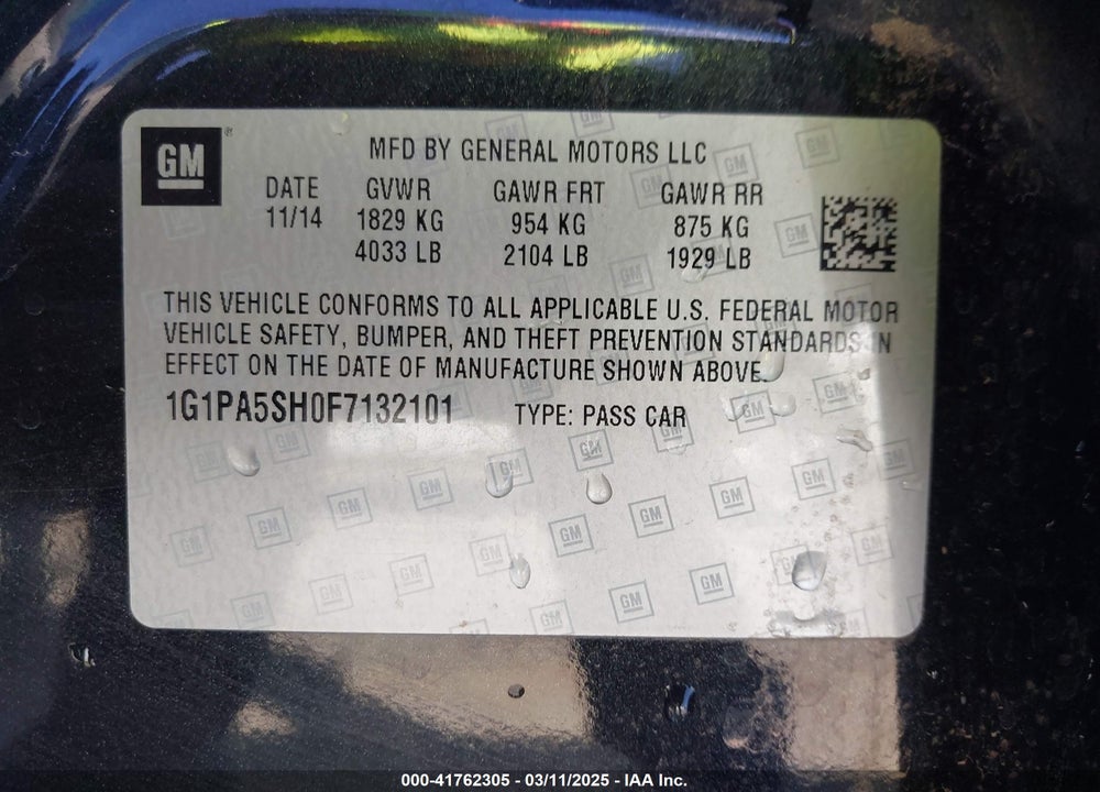 2015 CHEVROLET CRUZE VIN: 1G1PA5SH0F7132101