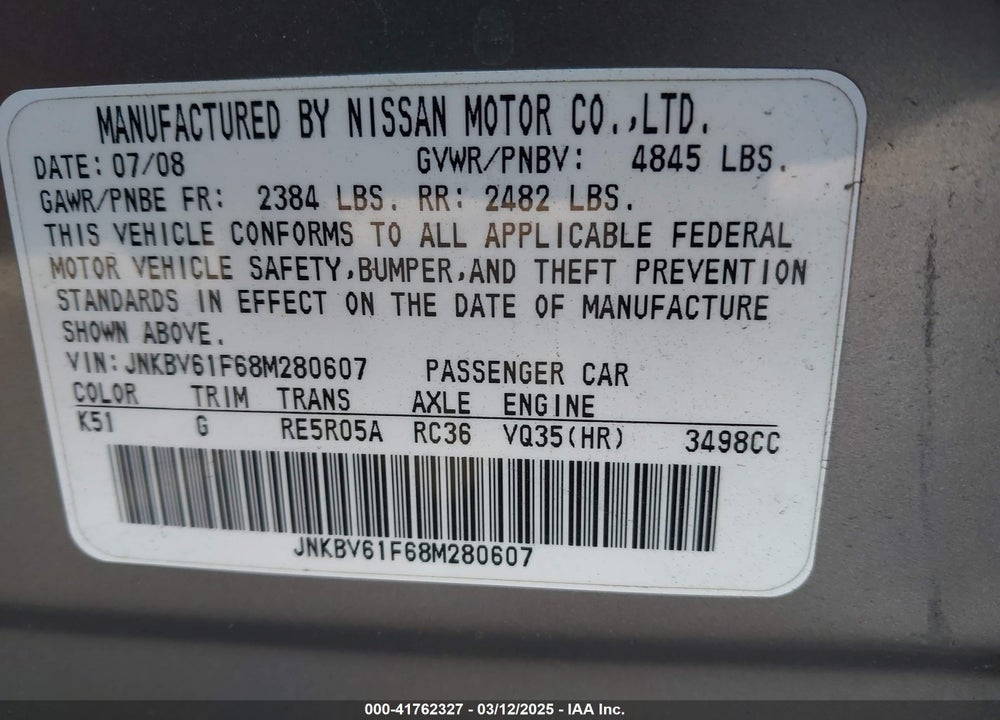 2008 INFINITI G35X VIN: JNKBV61F68M280607