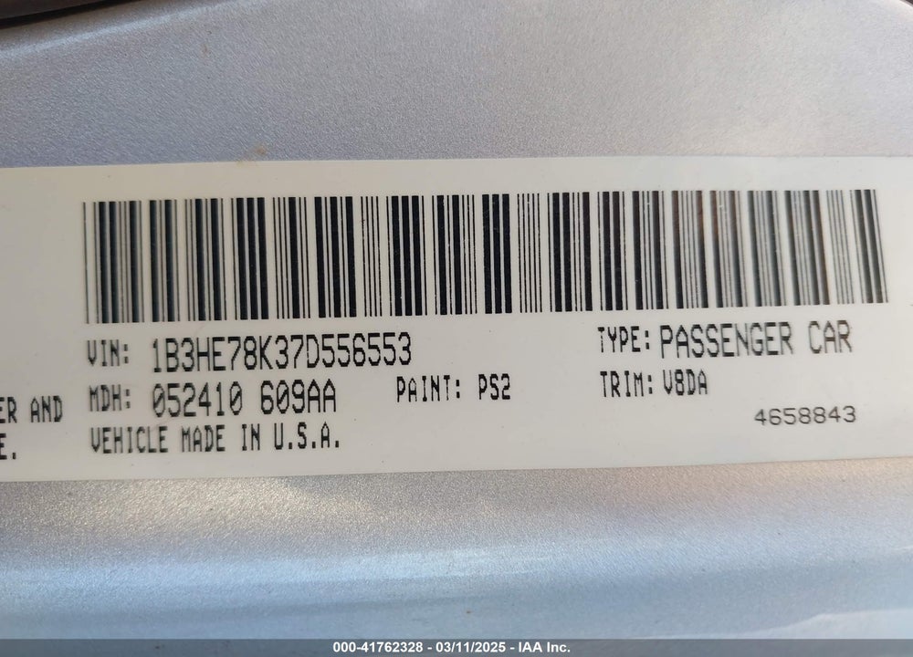 2007 DODGE CALIBER VIN: 1B3HE78K37D556553