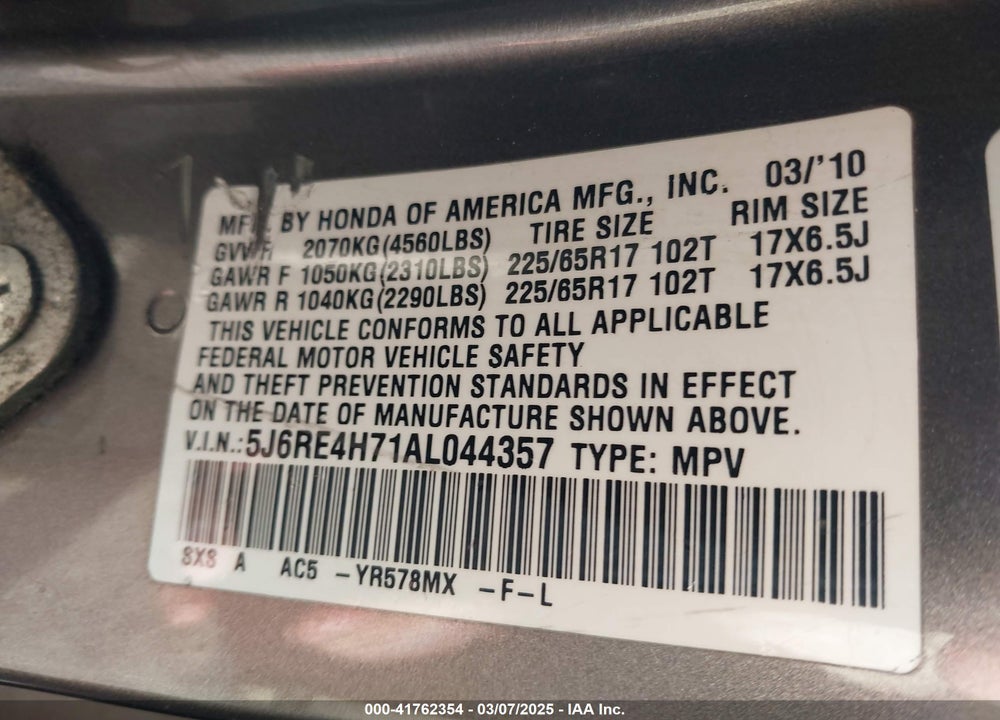 2010 HONDA CR-V VIN: 5J6RE4H71AL044357