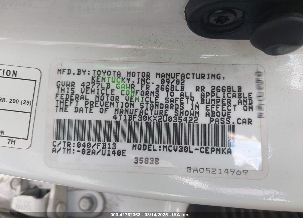 2002 TOYOTA CAMRY LE V6 VIN: 4T1BF30KX2U035422