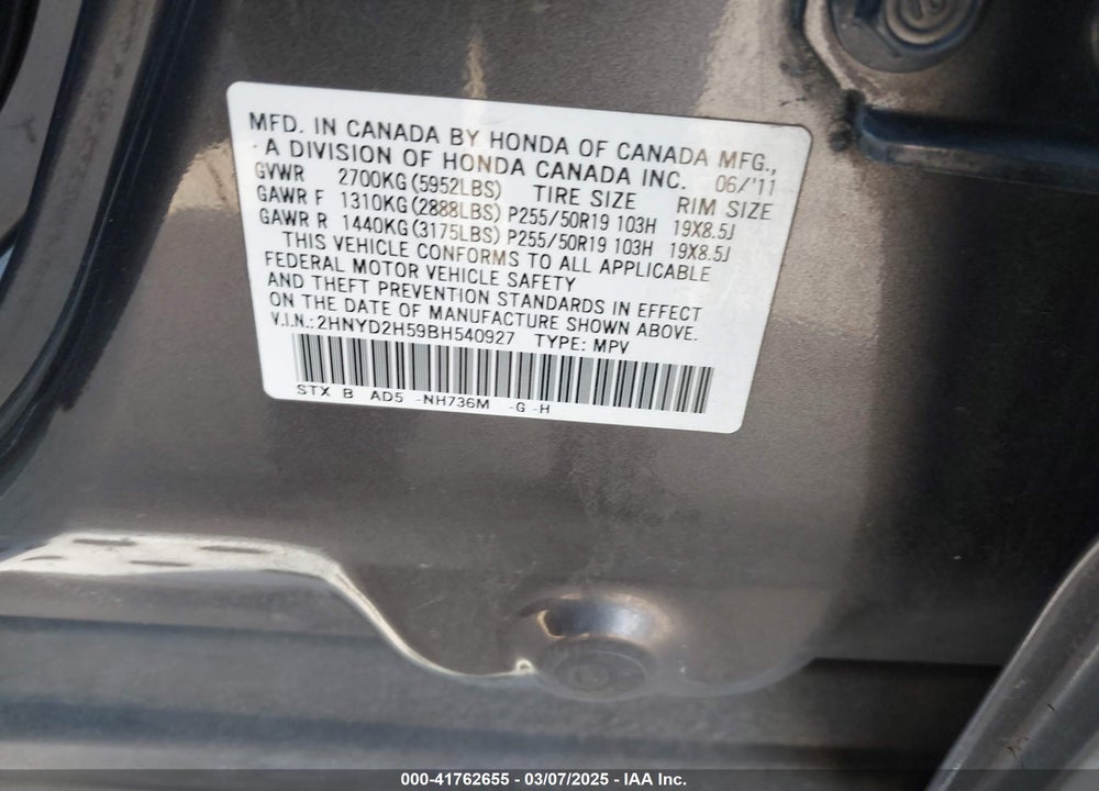 2011 ACURA MDX VIN: 2HNYD2H59BH540927