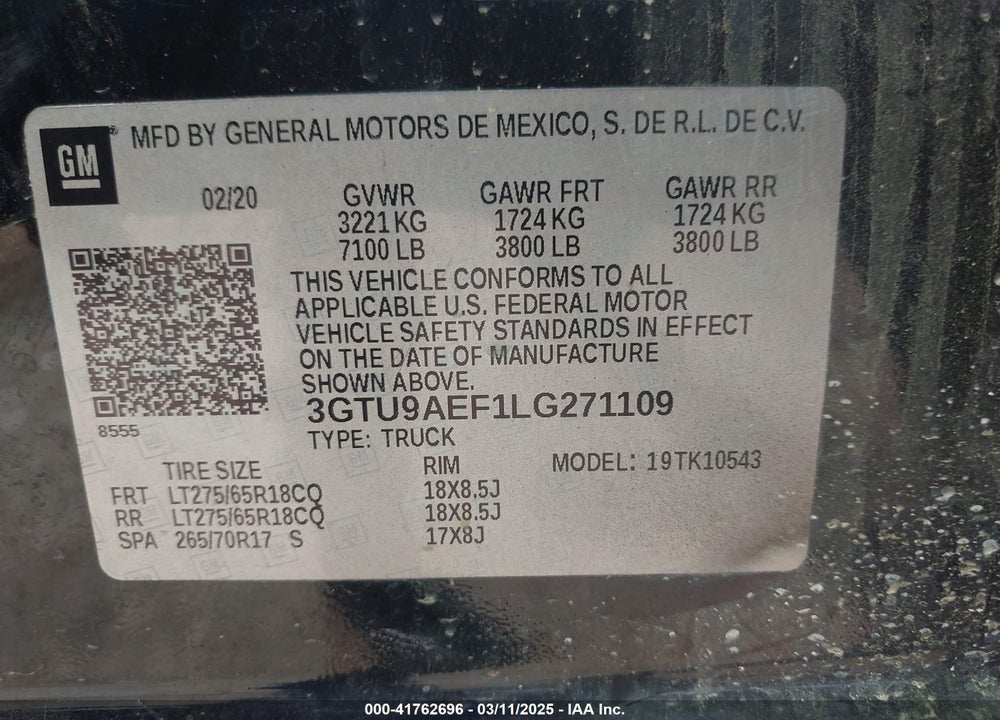 2020 GMC SIERRA 1500 4WD  SHORT BOX VIN: 3GTU9AEF1LG271109