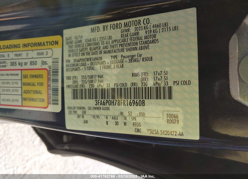2015 FORD FUSION VIN: 3FA6P0H78FR169608
