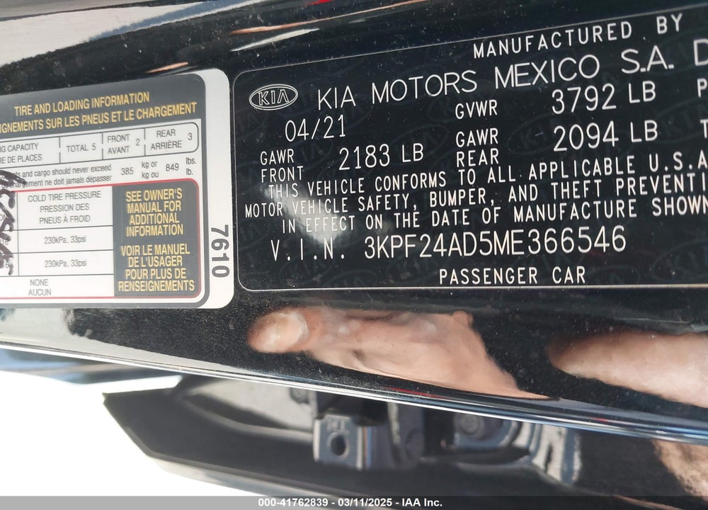 2021 KIA FORTE LXS VIN: 3KPF24AD5ME366546