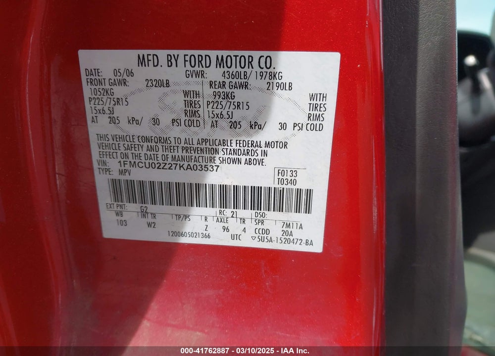 2007 FORD ESCAPE XLS/XLS MANUAL VIN: 1FMCU02Z27KA03537