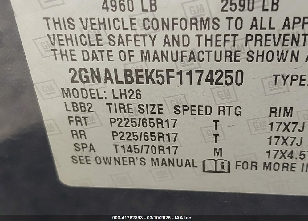 2015 CHEVROLET EQUINOX 1LT VIN: 2GNALBEK5F1174250