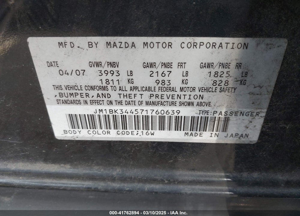 2007 MAZDA MAZDA3 VIN: JM1BK344571760639