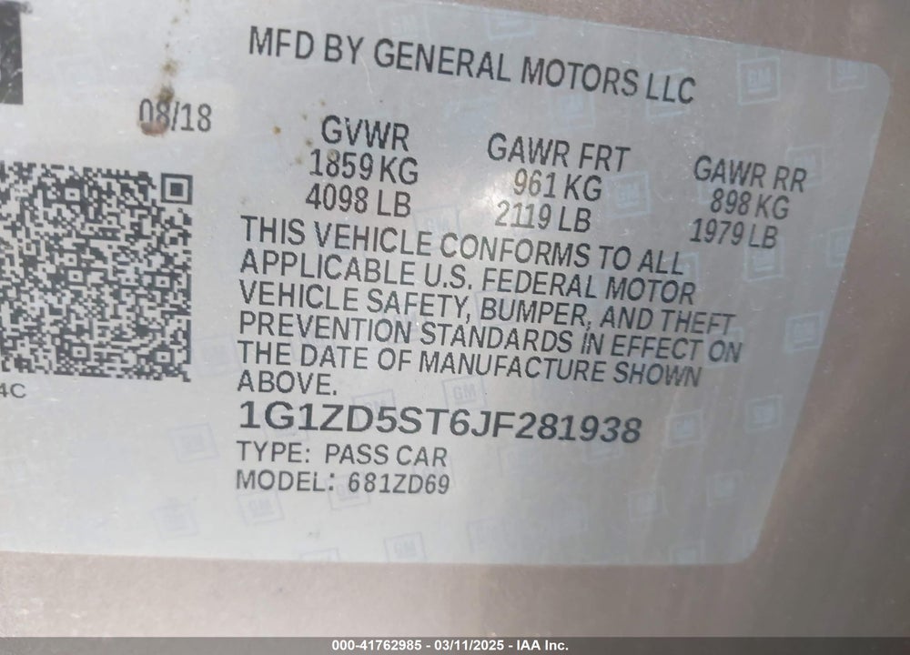 2018 CHEVROLET MALIBU LT VIN: 1G1ZD5ST6JF281938