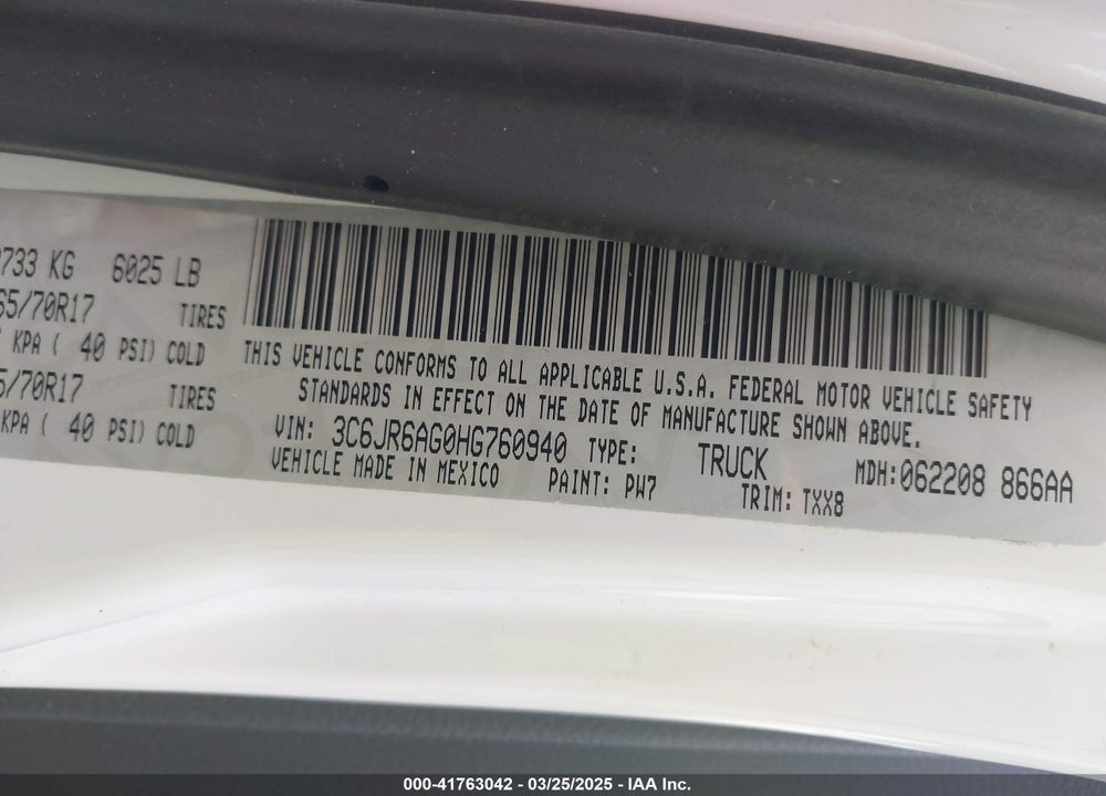 2017 RAM 1500 VIN: 3C6JR6AG0HG760940