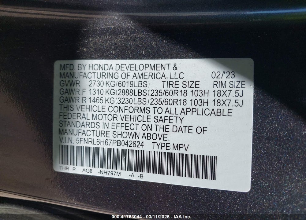 2023 HONDA ODYSSEY VIN: 5FNRL6H67PB042624