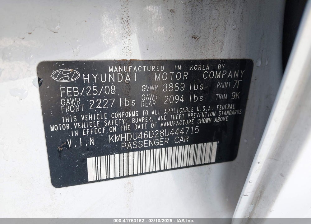2008 HYUNDAI ELANTRA VIN: KMHDU46D28U444715