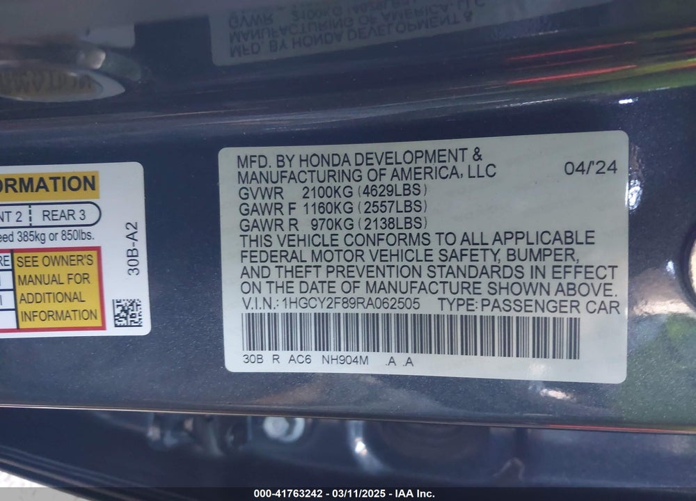 2024 HONDA ACCORD VIN: 1HGCY2F89RA062505