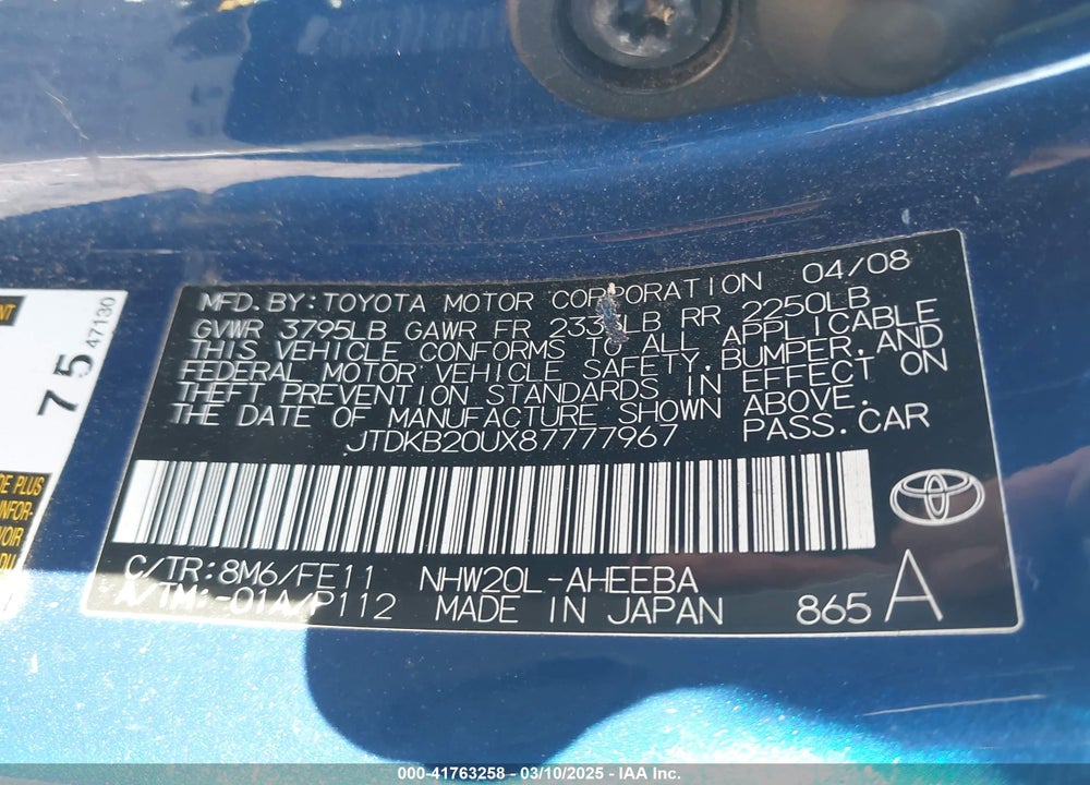 2008 TOYOTA PRIUS VIN: JTDKB20UX87777967